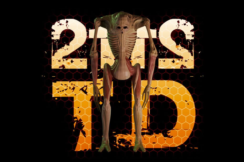 A promotional image of the video game 2112TD. In the image, one of the monsters stands in front of the game logo.